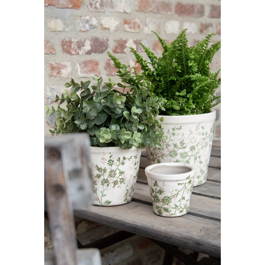 Blumentopf / Übertopf aus Keramik in Grün-Beige für Innen mit Rankenmotiv