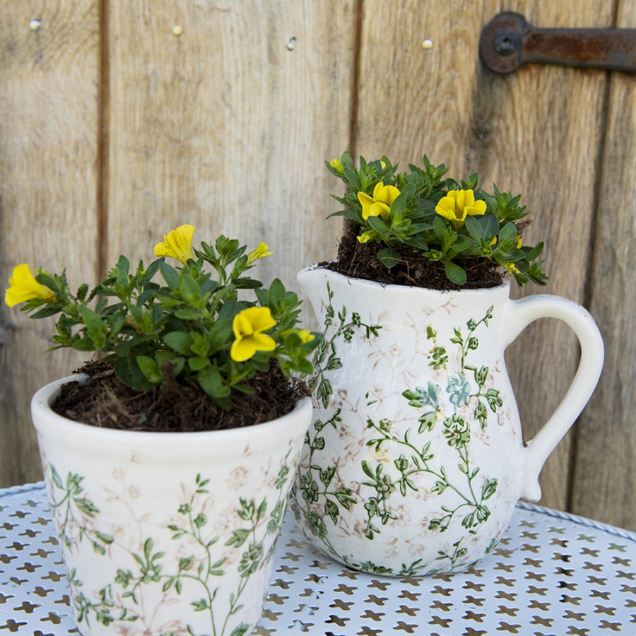 Blumentopf / Übertopf aus Keramik in Grün-Beige für Innen mit Rankenmotiv