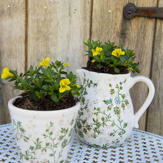 Blumentopf / Übertopf aus Keramik in Grün-Beige für Innen mit Rankenmotiv