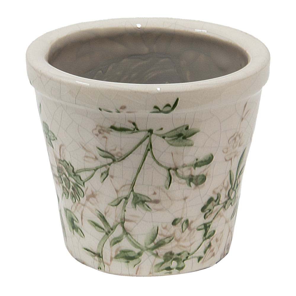 Blumentopf / Übertopf aus Keramik in Grün-Beige für Innen mit Rankenmotiv