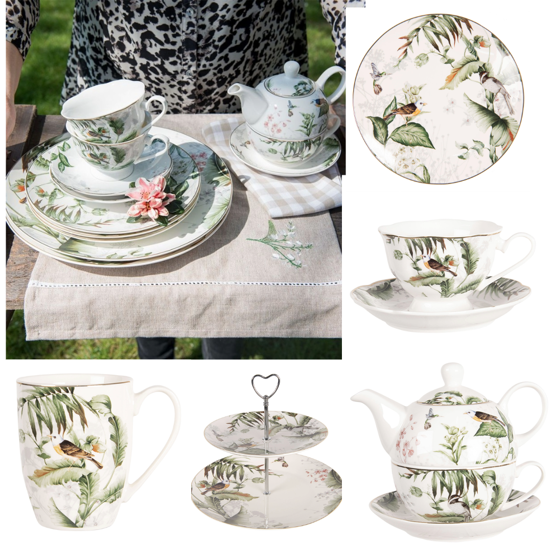 Stoviglie in porcellana, motivo di piante e uccelli in verde e bianco, mix &amp; match