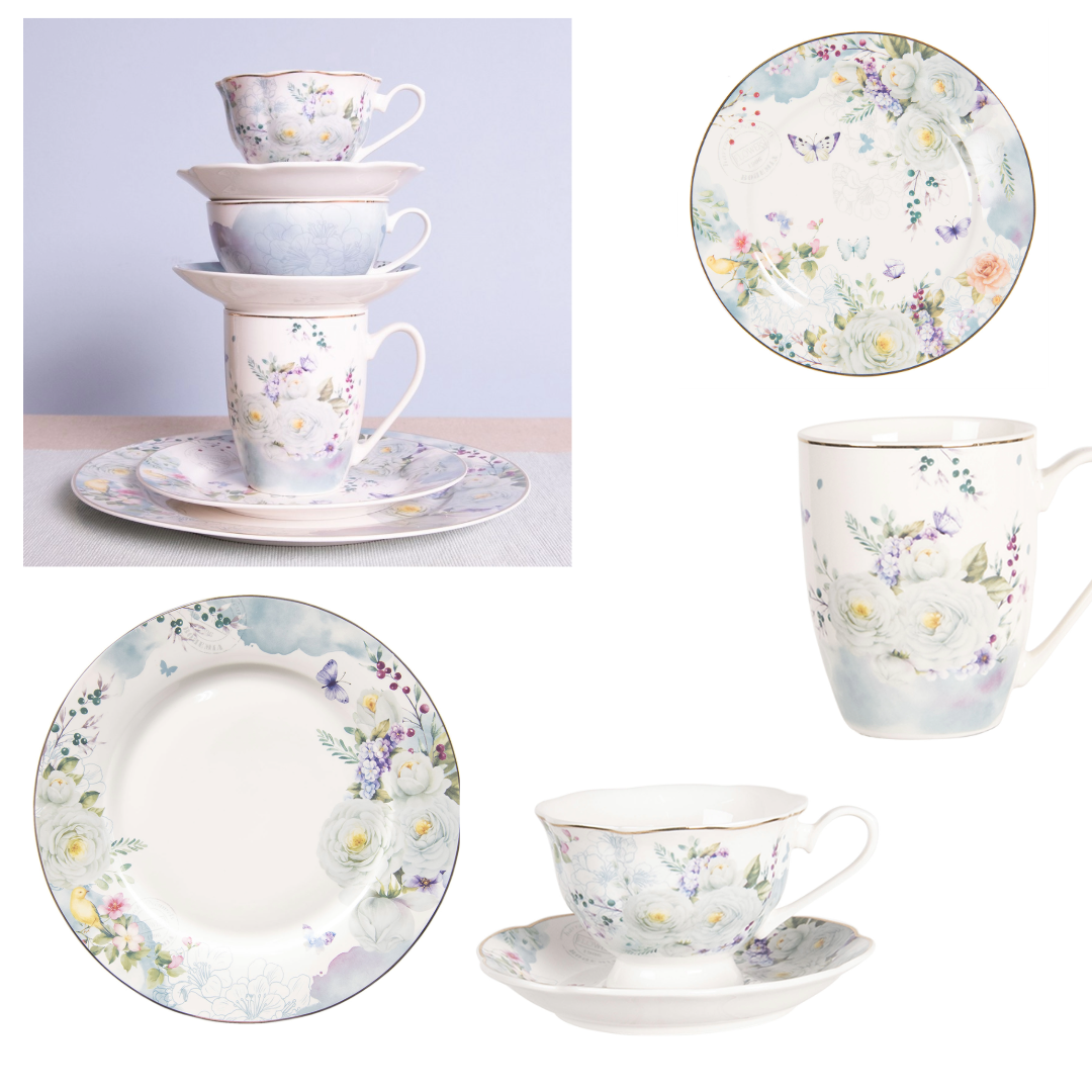 Stoviglie in porcellana, fiori e farfalle pastello blu-bianco, mix &amp; match