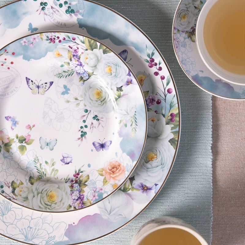 Stoviglie in porcellana, fiori e farfalle pastello blu-bianco, mix &amp; match