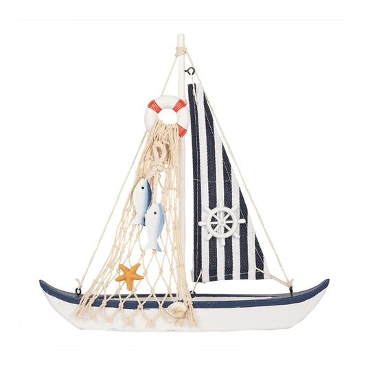Barca a vela decorativa in blu e bianco, decorazione per casa di campagna marittima