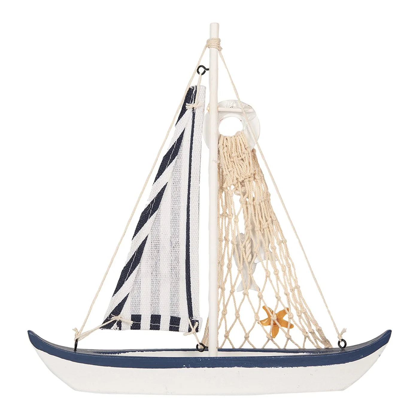 Barca a vela decorativa in blu e bianco, decorazione per casa di campagna marittima