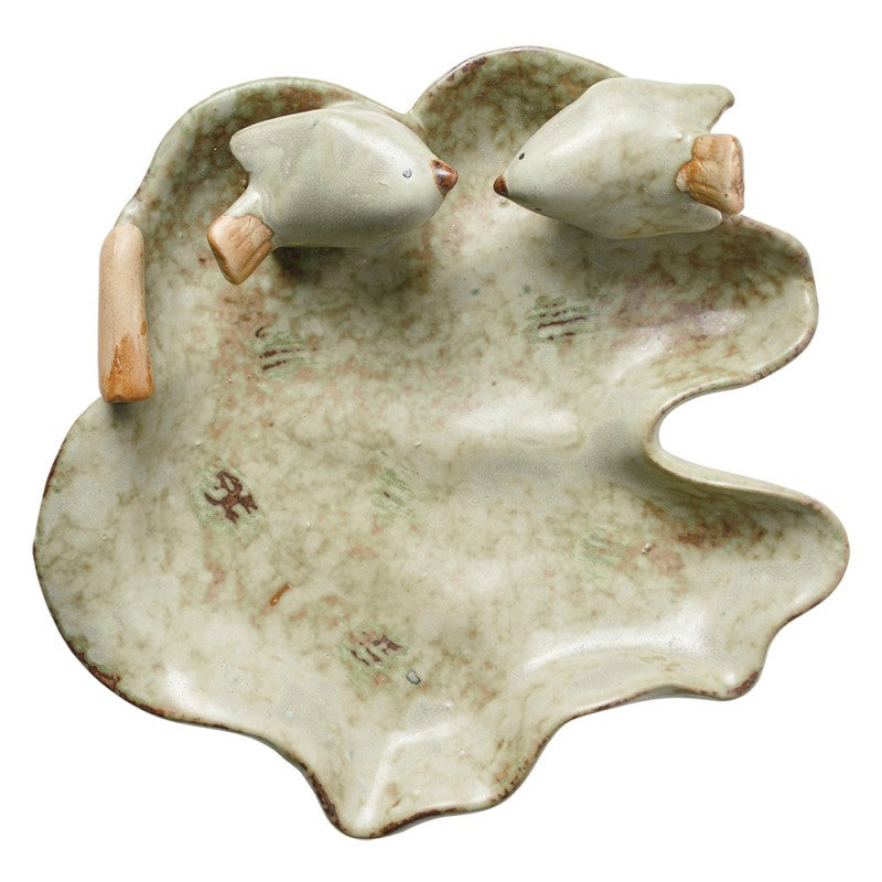 Ciotola decorativa in ceramica a forma di foglia con uccelli in verde
