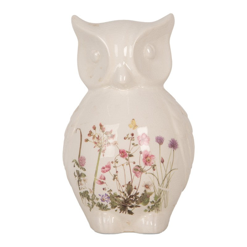 Simpatico gufo in ceramica beige con motivo di prato primaverile 
