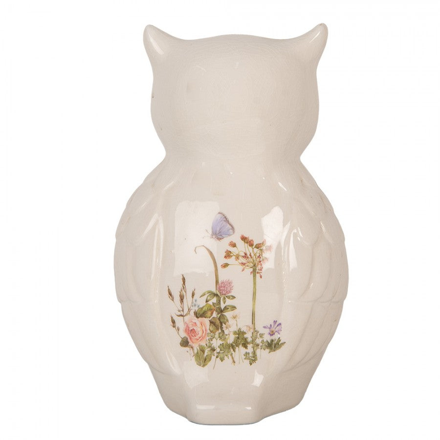 Simpatico gufo in ceramica beige con motivo di prato primaverile 