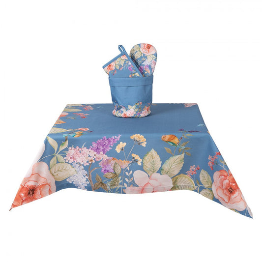 Tovaglia blu in 100% cotone con motivo floreale estivo 