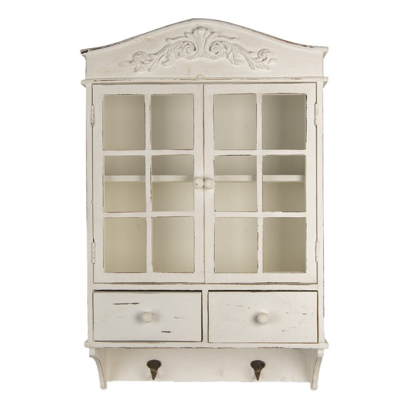 Mobiletto da parete in legno Shabby Chic bianco, con cassetti e ganci